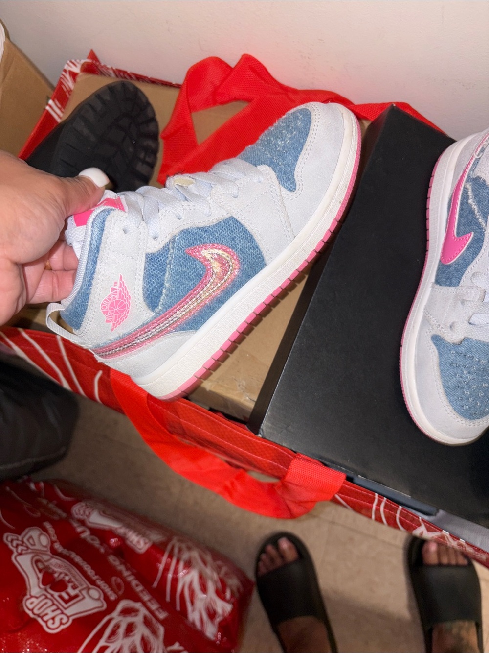Jordan 1 Kids White and Light Blue Sneakers with Pink Logo Accents - Picture 6 of 7